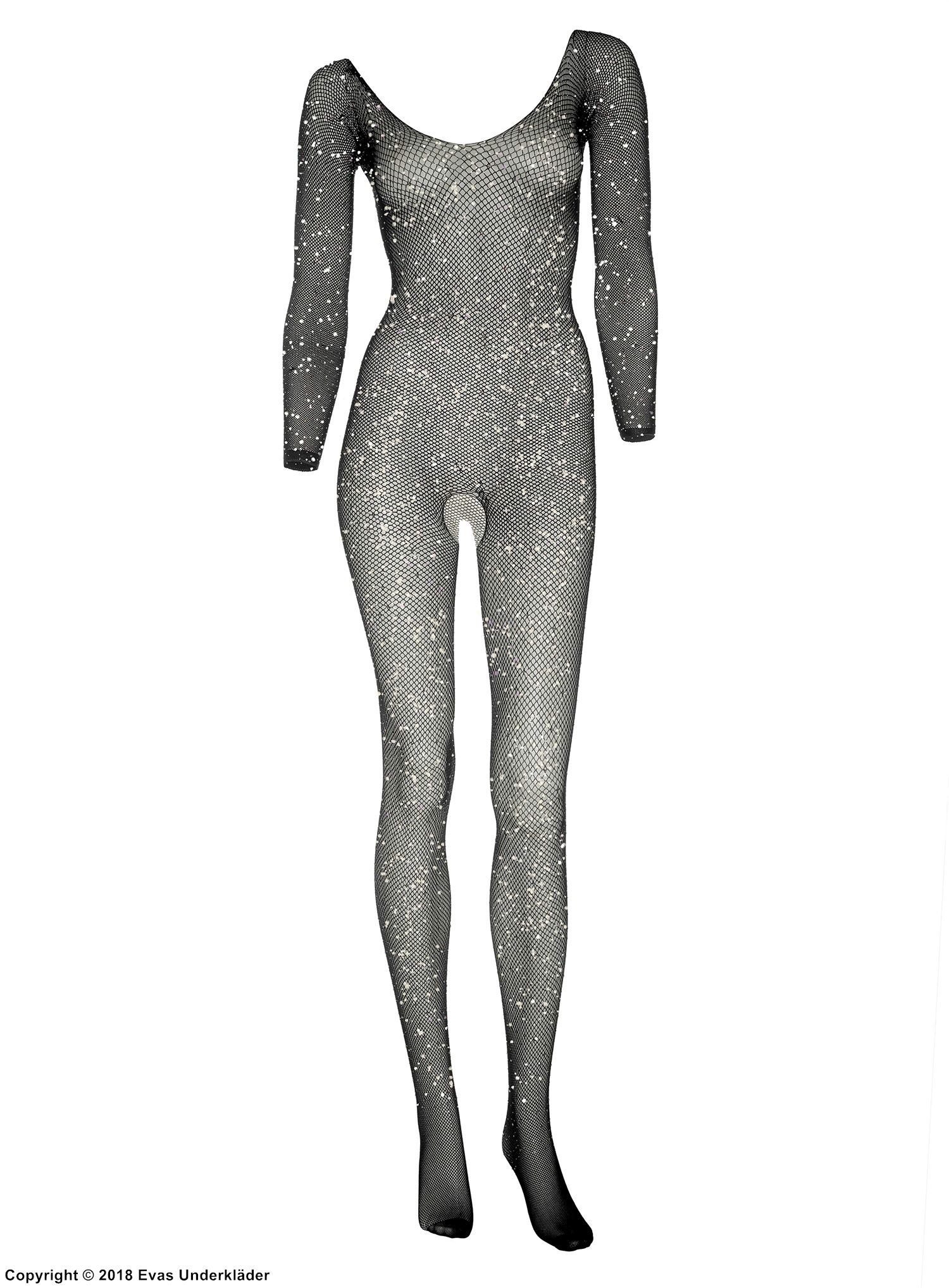 Elegantes Bodystocking, kleines Netz, schimmernd tupfen, offener Schritt, lange Ärmel